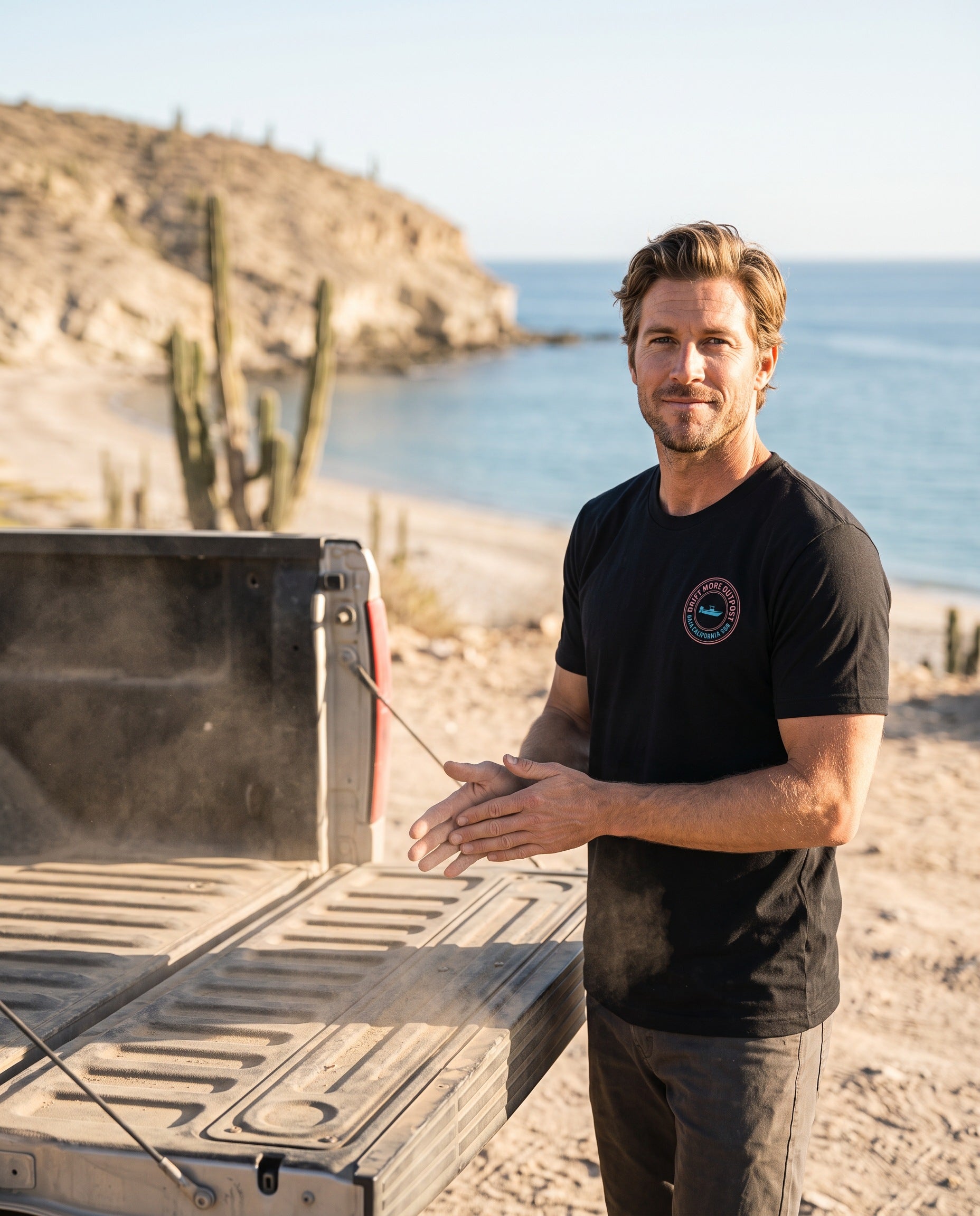 Outpost Tee Baja in black, worn at a truck tailgate on the Sea of Cortez