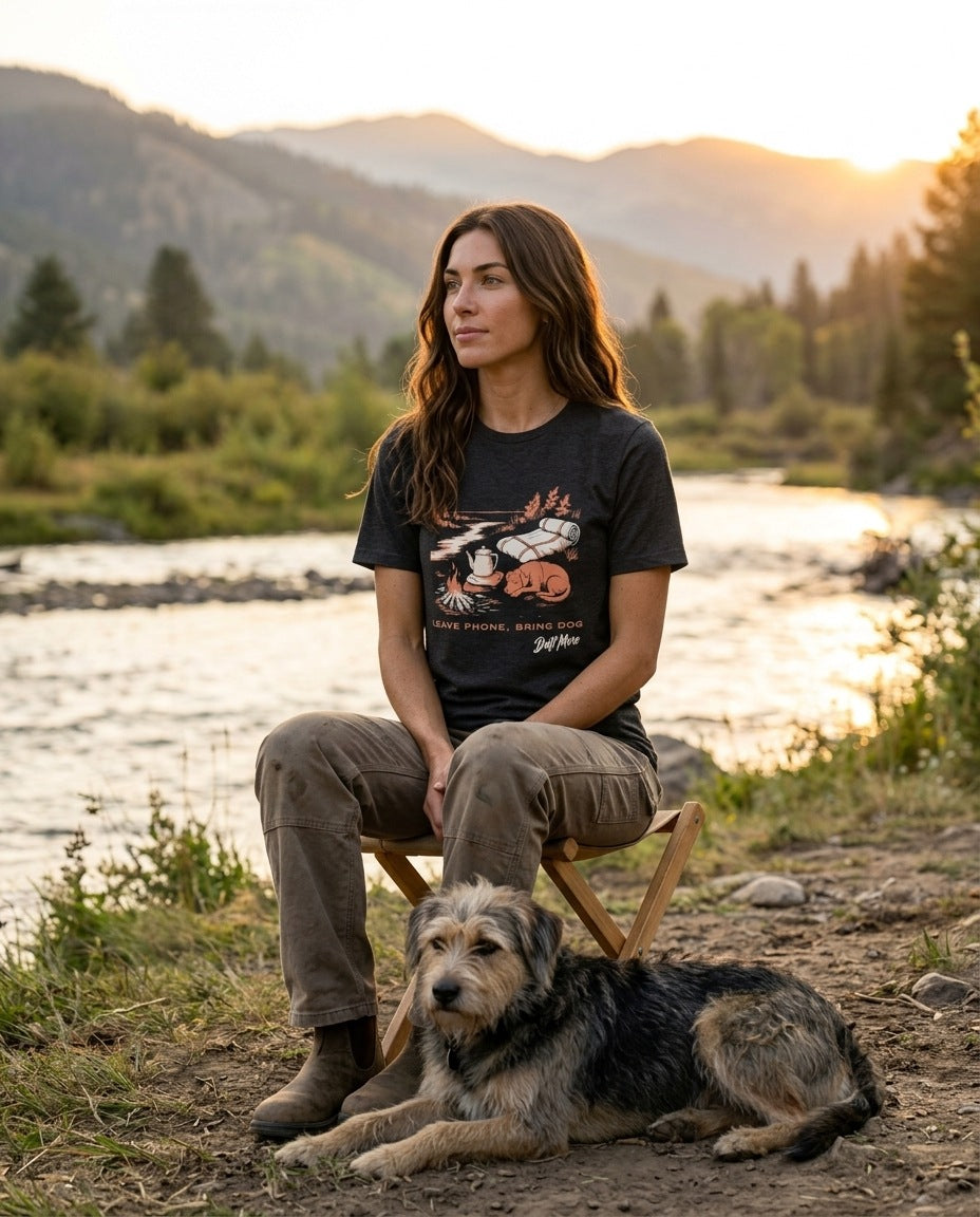 Leave Phone, Bring Dog Women's Tee in Dark Grey Heather worn at a riverside camp in the morning