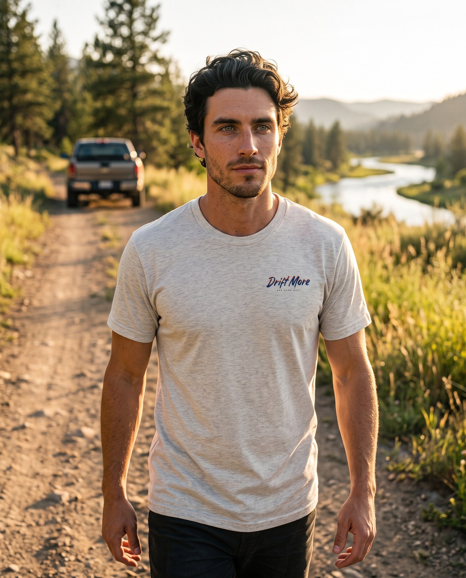 One More Cast Tee worn on a river trail back to the truck at golden hour