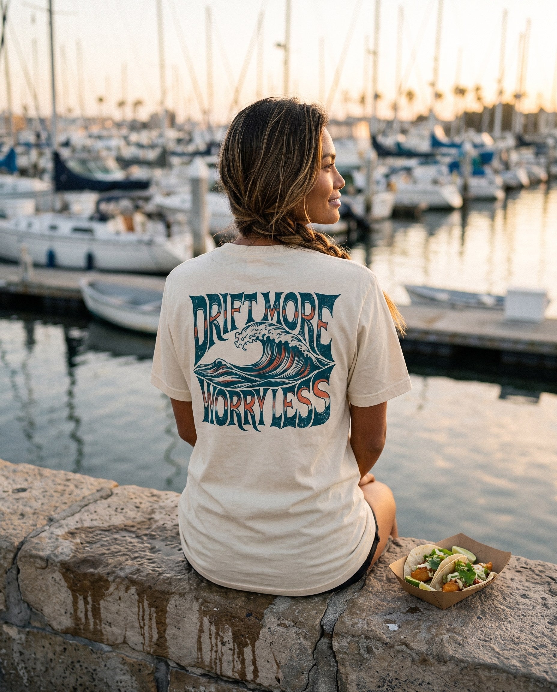 Drift More... Worry Less Tee — on-model