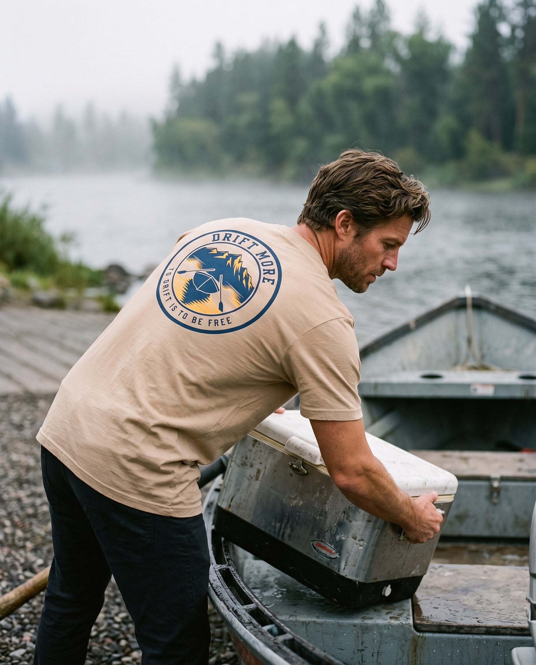 Drift Boat Crest Tee — on-model