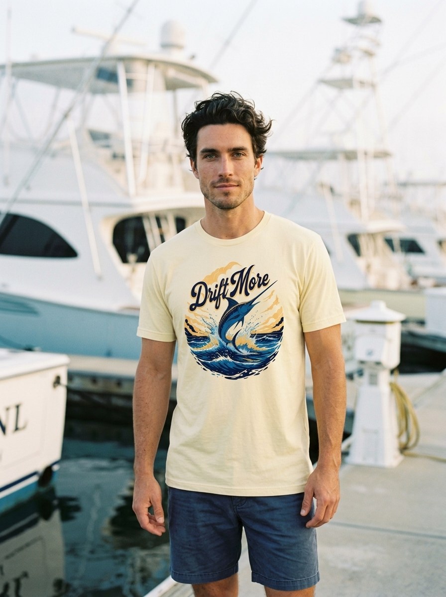 Blue Marlin Tee in Soft Cream worn on a fuel dock at golden hour