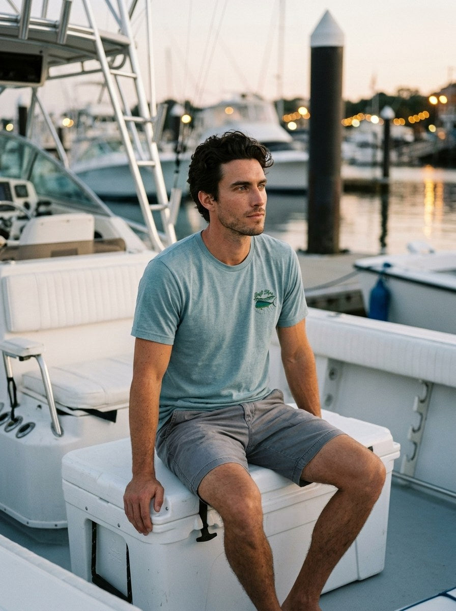 Mahi Lit Up Tee in Heather Prism Dusty Blue worn on a boat at dusk